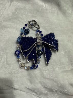 Hand Made Crystal-Embellished Navy Bow Keychain Charm